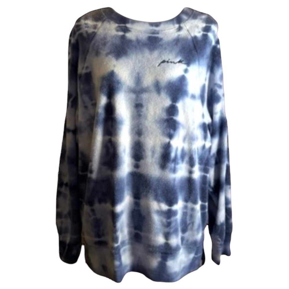 PINK womens blue/white tie dye pullover longsleeve fuzzy sweatshirt